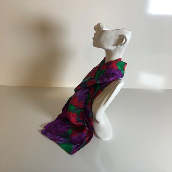 Honors Silk Scarf Purple Red Green Floral 11 x 58 inches Bold Vibrant Accessory - Picture 4 of 7